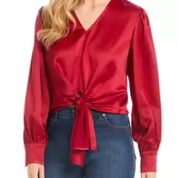 Karen Kane Tops - Karen Kane Tie Front Long Sleeve Imported Sz XS Red Satin Women’s Blouse
